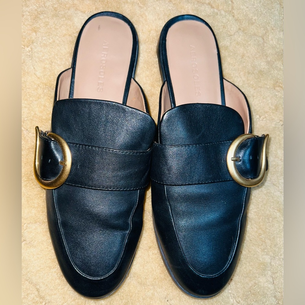 AEROSOLES Black and Gold Mules with Loafer Design